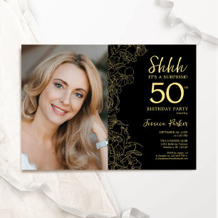Invitation Black Gold Elegant Surprise Photo 50e anniversaire