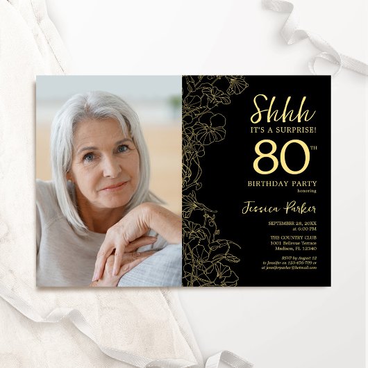 Invitation Black Gold Elegant Surprise Photo 80e anniversaire