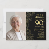 Invitation Black Gold Elegant Surprise Photo 90e anniversaire (Devant)
