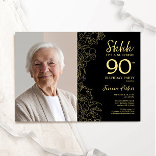 Invitation Black Gold Elegant Surprise Photo 90e anniversaire