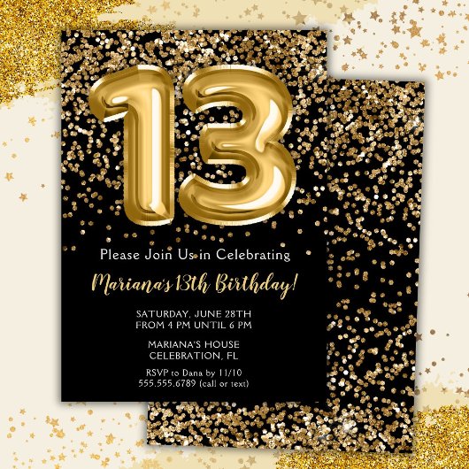 Invitation Black Gold Enfants fille 13e anniversaire de fête