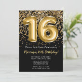 Invitation Black Gold Enfants fille 16e anniversaire de fête (Debout devant)
