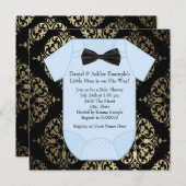 Invitation Black Gold et Blue Damask Baby Boy Douche (Devant / Derrière)