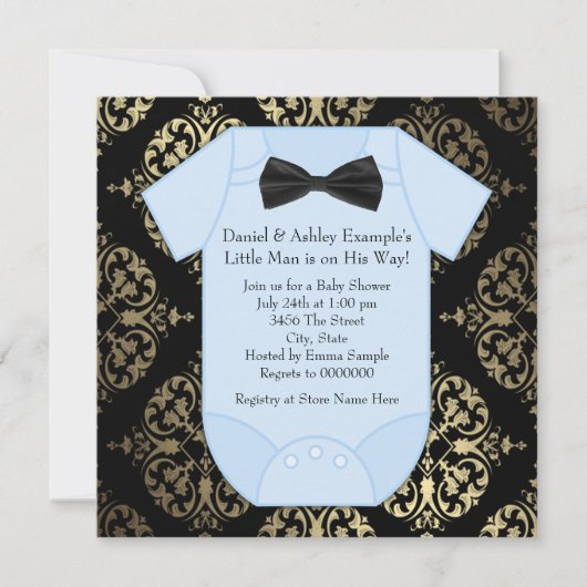 Invitation Black Gold et Blue Damask Baby Boy Douche (Devant)