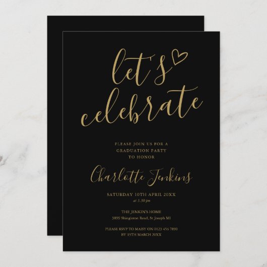 Invitation Black Gold Fêtons la fête de graduation de script (Devant / Derrière)