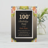 Invitation Black Gold Floral 100e fête d'anniversaire (Debout devant)