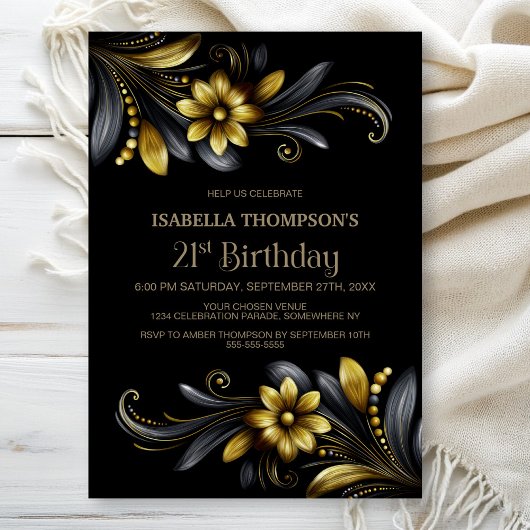 Invitation Black Gold Floral 21st Birthday Party