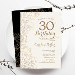 Invitation Black Gold Floral 30e fête d'anniversaire<br><div class="desc">Black Gold Floral 30th Birthday Party Invitation. Design moderne minimaliste avec accents de dessin botanique et police de script de typographie. Carte invitation simple et tendance,  parfaite pour une célébration anniversaire élégante. Peut être customisé à n'importe quel âge. Invitations Zazzle imprimées ou téléchargement instantané modèle imprimable numérique.</div>