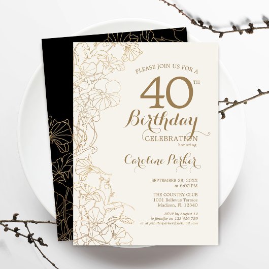 Invitation Black Gold Floral 40e fête d'anniversaire