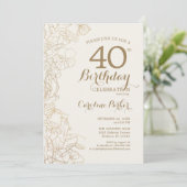 Invitation Black Gold Floral 40e fête d'anniversaire (Debout devant)