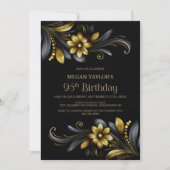 Invitation Black Gold Floral 95th Birthday Party (Devant)