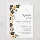 Invitation Black Gold Floral Aquarelle 40e fête d'anniversair (Devant)