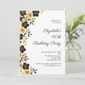 Invitation Black Gold Floral Aquarelle 40e fête d'anniversair (Debout devant)