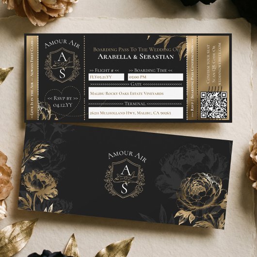 Invitation Black Gold Floral Boarding Plane Ticket Wedding