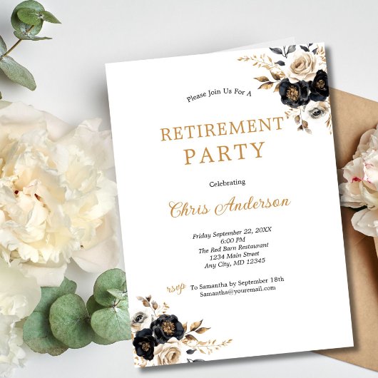 Invitation Black Gold Floral Élégant Parti de retraite modern