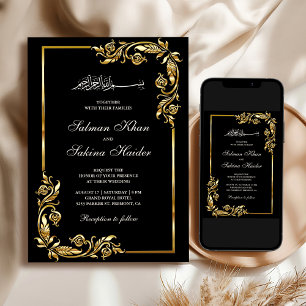 Invitation Black Gold Floral Frontière Mariage islamique