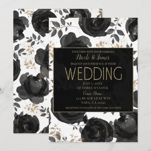 Invitation Black Gold Floral Glam Feuille Mariage (Devant / Derrière)