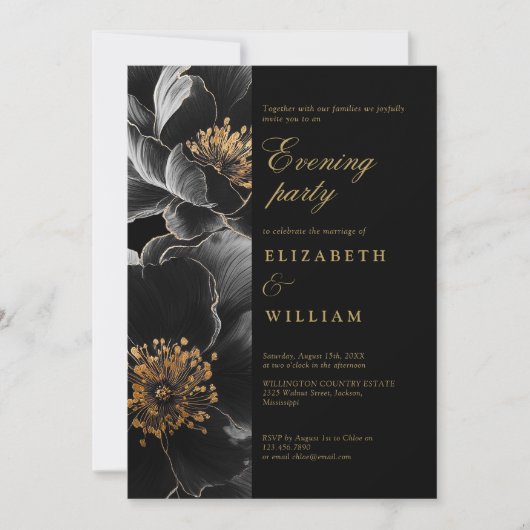 Invitation Black Gold Floral Mariage soirée (Devant)