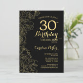 Invitation Black Gold Floral Photo 30th Birthday Party (Debout devant)