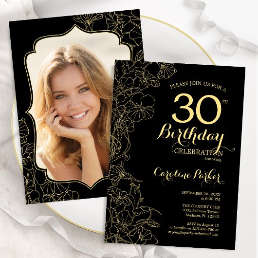 Invitation Black Gold Floral Photo 30th Birthday Party