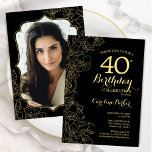 Invitation Black Gold Floral Photo 40th Birthday Party<br><div class="desc">Invitation à la fête du 40e anniversaire en or noir avec votre photo au verso de la carte. Design moderne minimaliste avec accents de dessin botanique, fausse feuille d'or et police de script de typographie. Carte invitation simple et tendance, parfaite pour une célébration anniversaire élégante. Peut être customisé à n'importe...</div>