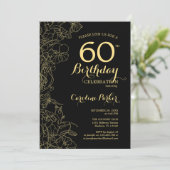 Invitation Black Gold Floral Photo 60e fête d'anniversaire (Debout devant)