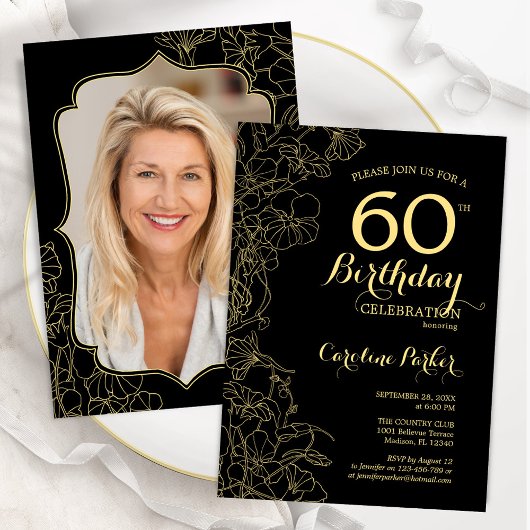 Invitation Black Gold Floral Photo 60e fête d'anniversaire