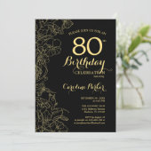 Invitation Black Gold Floral Photo 80th Birthday Party (Debout devant)