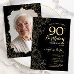 Invitation Black Gold Floral Photo 90th Birthday Party<br><div class="desc">Invitation à la fête du 90e anniversaire en or noir avec votre photo au verso de la carte. Design moderne minimaliste avec accents de dessin botanique, fausse feuille d'or et police de script de typographie. Carte invitation simple et tendance, parfaite pour une célébration anniversaire élégante. Peut être customisé à n'importe...</div>