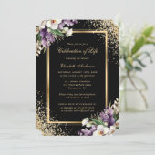 Invitation Black Gold Floral Photo Célébration de la vie (Debout devant)