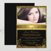 Invitation Black & Gold Floral Photo Graduation Party Invitat (Devant / Derrière)