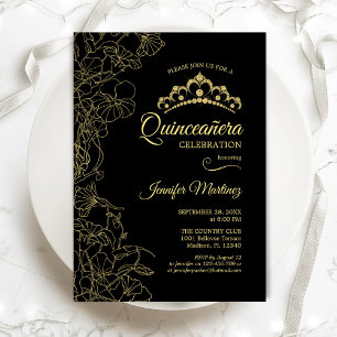 Invitation Black Gold Floral Quinceanera Party