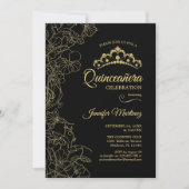 Invitation Black Gold Floral Quinceanera Party (Devant)