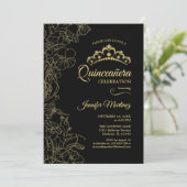 Invitation Black Gold Floral Quinceanera Party (Debout devant)