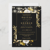 Invitation Black Gold Floral String Lights QR Code Mariage (Devant)