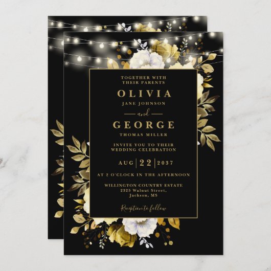 Invitation Black Gold Floral String Lights QR Code Mariage (Devant / Derrière)