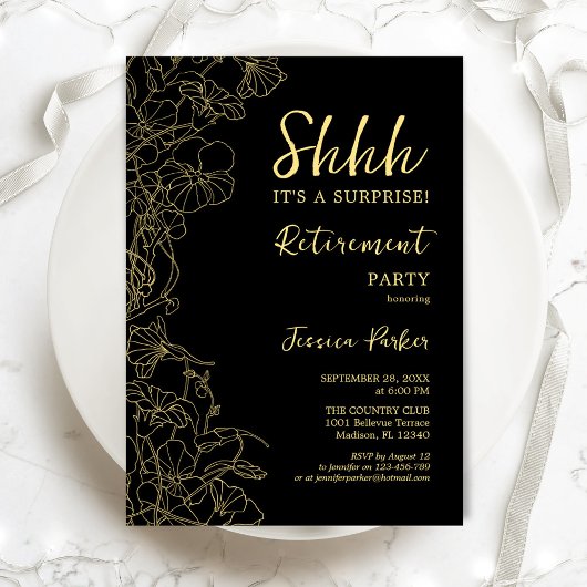 Invitation Black Gold Floral Surprise Retraite Party