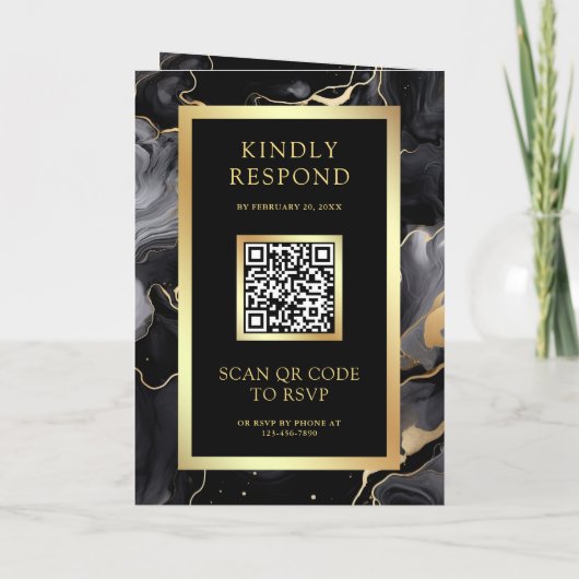 Invitation Black Gold Fluid Enk QR Code Photo Collage Mariage (Dos)