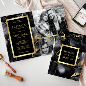 Invitation Black Gold Fluid Enk QR Code Photo Collage Mariage