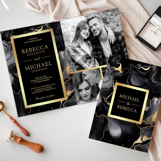 Invitation Black Gold Fluid Enk QR Code Photo Collage Mariage