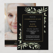 Invitation Black Gold Foliage Célébration de la vie Photo (Devant / Derrière)