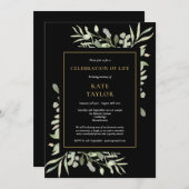 Invitation Black Gold Foliage Fête de la vie funéraire (Devant / Derrière)