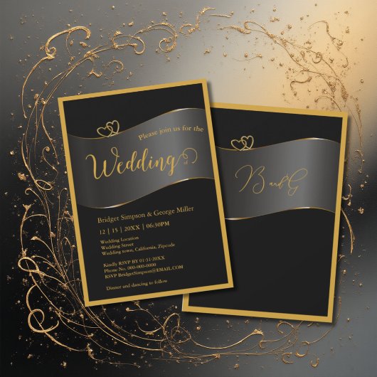 Invitation black gold frame monogram typography wedding