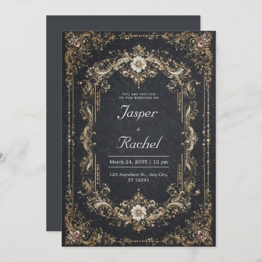 Invitation Black Gold Gem Mariage baroque (Devant / Derrière)
