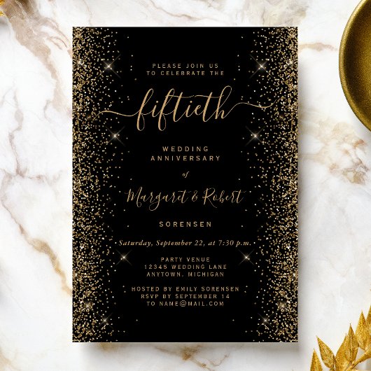 Invitation Black Gold Glitter 50th Anniversary Party