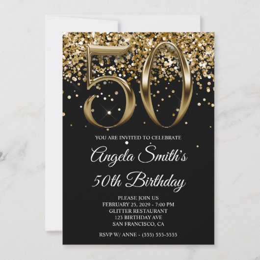 Invitation Black Gold Glitter Metallic Look 50th Birthday (Devant)