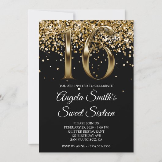 Invitation Black Gold Glitter Metallic Look Sweet 16 (Devant)