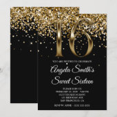 Invitation Black Gold Glitter Metallic Look Sweet 16 (Devant / Derrière)