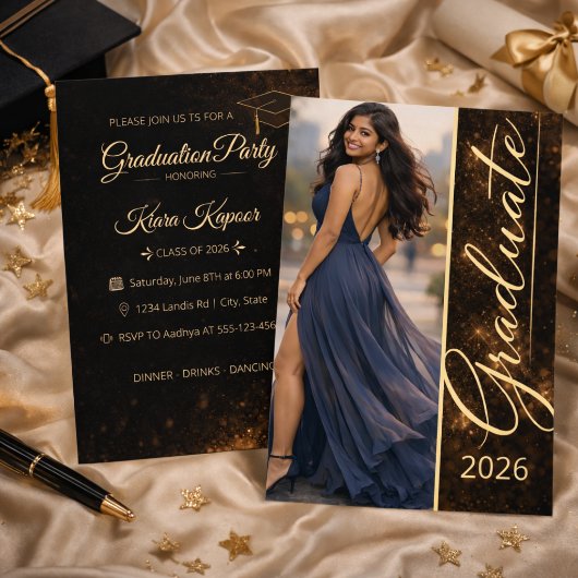 Invitation Black Gold Grad Glow