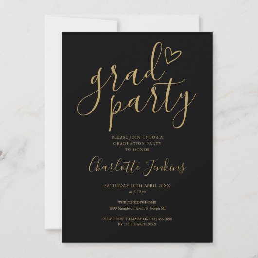 Invitation Black Gold Grad Script Heart Graduation Party (Devant)